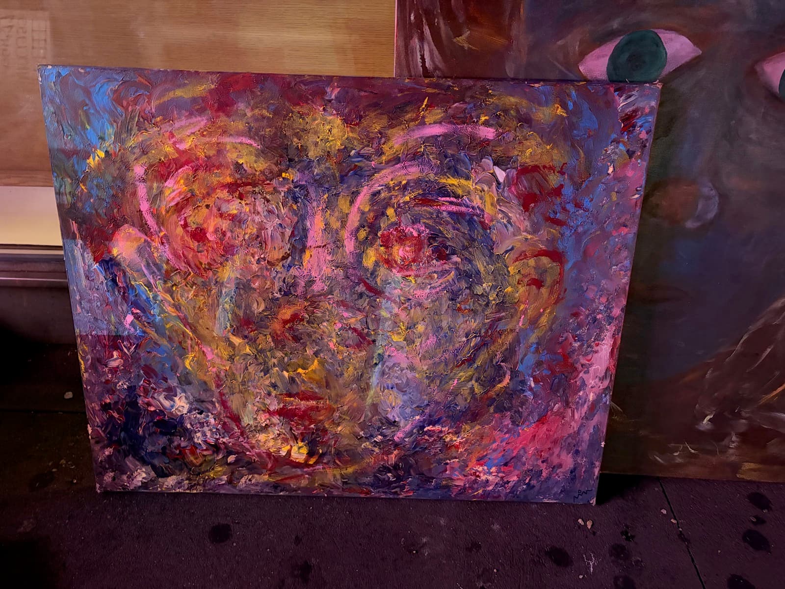 Abstract painting by Mark Roggeman — swirling purples, pinks, and golds